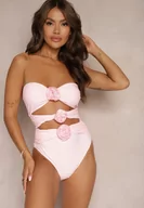 Stroje kąpielowe - Różowy Strój Kąpielowy Jednoczęściowy Bez Ramiączek z Aplikacją Kwiatu Nansilah - miniaturka - grafika 1