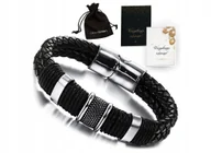 Bransolety męskie - Skórzana Bransoletka Męska Czarna Skóra Srebrna Grawer - miniaturka - grafika 1