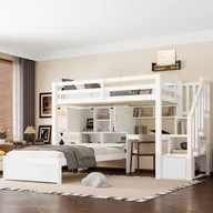 Łóżka dla dzieci i młodzieży - Łóżko piętrowe 90 x 200 cm z biurkiem, schowkami i łóżkiem 90 x 200 cm - Sosna + MDF - Białe (Materac nie jest wliczony w cenę) - miniaturka - grafika 1