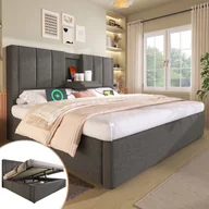 Łóżka - Łóżko tapicerowane 140x200 cm, łóżko dwuosobowe, hydrauliczne z miejscem do przechowywania pod łóżkiem, len szary (bez materaca) - miniaturka - grafika 1