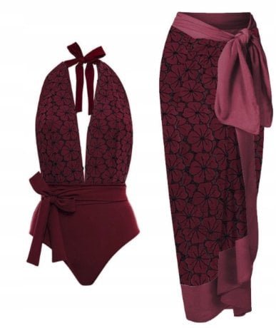 Jednoczęściowy strój kąpielowy z kwiatami i szyfonową spódnicą S