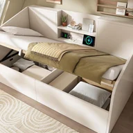 Sofy i kanapy - Sofa rozkładana z pojemnikiem 90x200 cm - z USB/typu C - z 2 półkami - płyta MDF + lite drewno - biała (bez materaca) - miniaturka - grafika 1