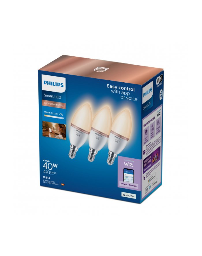 Philips Smart LED Żarówka E14 C37 4,9 W 40 W, zimna - ciepła biel, 3 szt. 929002448736