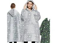 Bluzy damskie - Koc Duża Bluza Z Kapturem Gruba Oversize Ciepła Szlafrok Kocobluza Jasny Szary - miniaturka - grafika 1