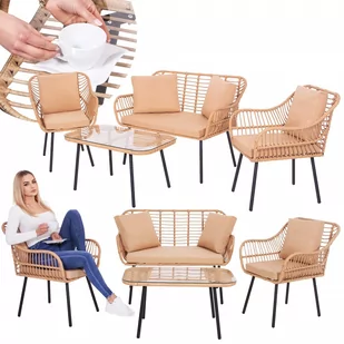 Meble ogrodowe technorattanowe komplet sofa, fotele i stolik ze szklanym blatem beżowe - Meble ogrodowe - miniaturka - grafika 1