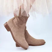 Botki damskie - S.Barski HY66-135 damskie botki zamszowe na płaskim obcasie ażurowe - miniaturka - grafika 1