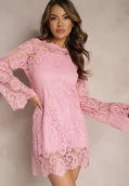 Sukienki - Różowa Pudełkowa Sukienka Mini z Koronkowego Materiału Aima - miniaturka - grafika 1