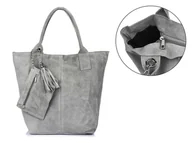 Torebki damskie - Włoska Torebka Skórzana Zamszowa A4 Shopperka szara T49 - miniaturka - grafika 1