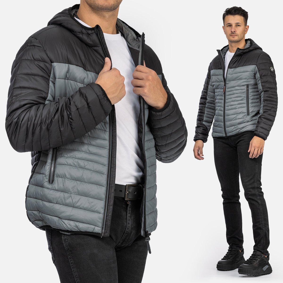 Męska kurtka pikowana z kapturem hydrofobowa przejściowa szaro-czarna M Czarny