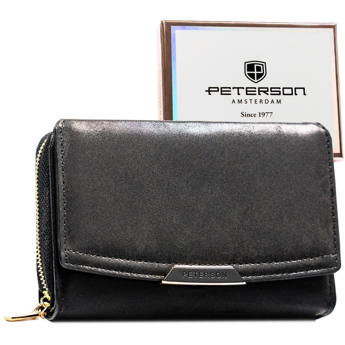 Portfel damski z ochroną kart RFID PETERSON elegancki na zatrzask i suwak pojemny karty gotówka czarny