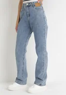 Spodnie damskie - Niebieskie Gładkie Jeansy Straight z Wysokim Stanem Cassalia - miniaturka - grafika 1