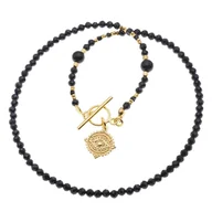 Naszyjniki - Naszyjnik- Turmalin czarny kulki, zawieszka oko proroka i srebro złocone - miniaturka - grafika 1