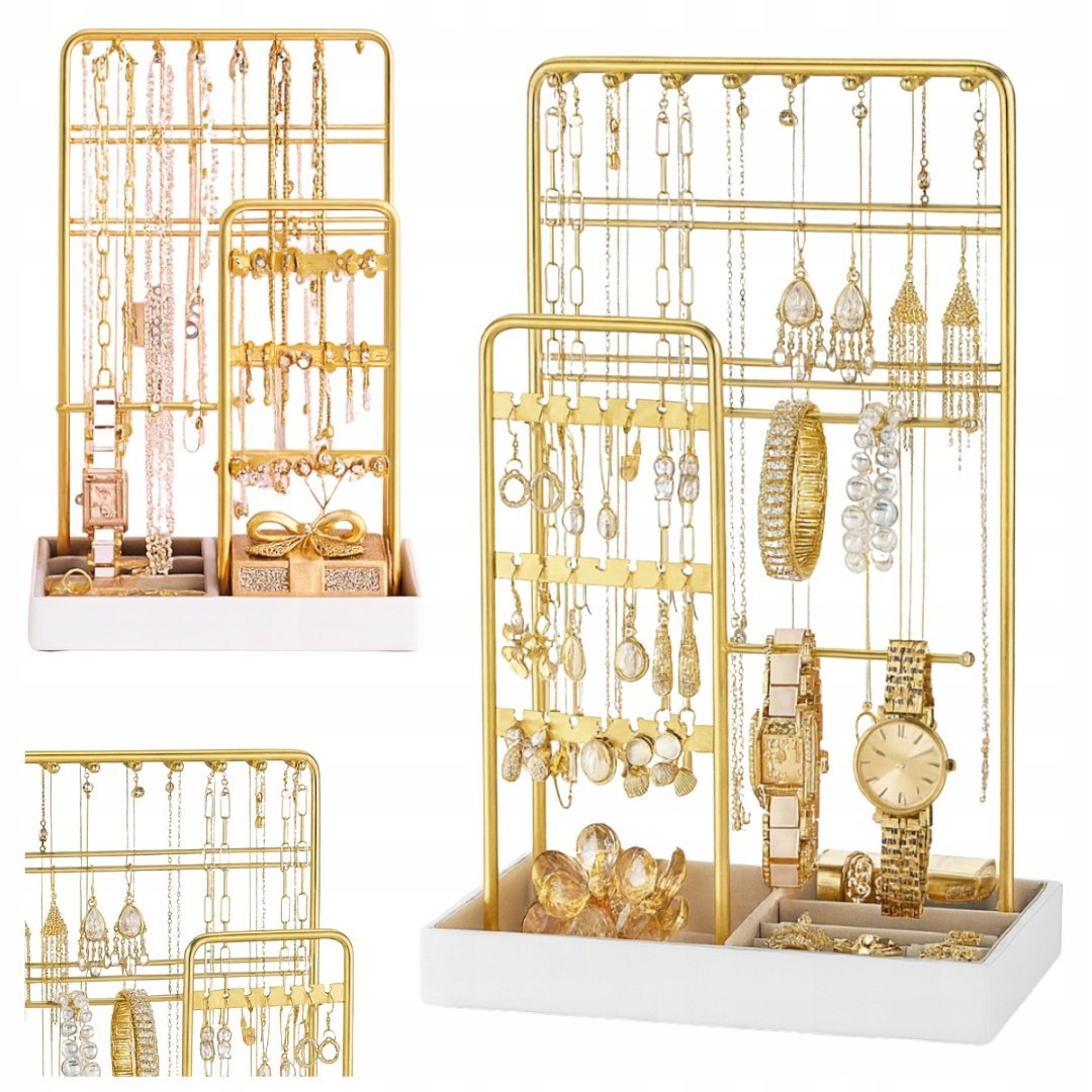 ZŁOTY STOJAK NA BIŻUTERIĘ Z AKSAMITNĄ TACĄ METALOWĄ RAMĄ ORGANIZER UCHWYT