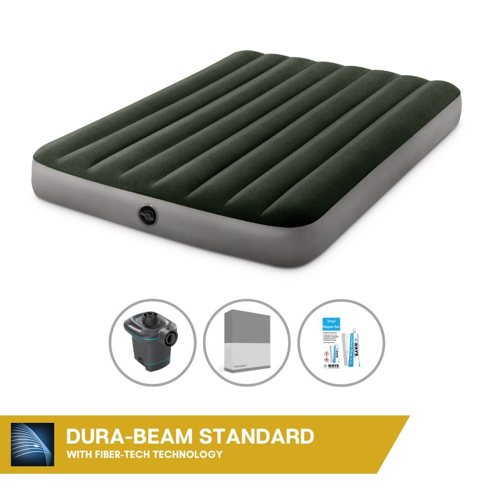Dmuchane łóżko Intex - 2 osoby - 137 x 191 x 25 cm - zielone + elektryczna pompka Intex - 650 litrów/min + prześcieradło antracytowe + zestaw naprawczy
