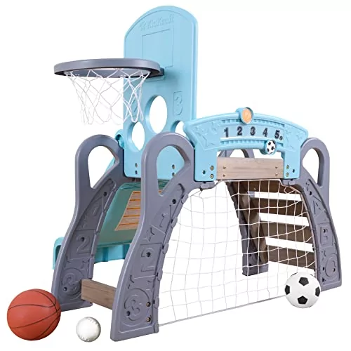 KidKraft 5 w 1 obszar wspinaczkowy i sportowy ze zjeżdżalnią, bramką piłkarską i koszem do koszykówki, wewnątrz i na zewnątrz, zabawki dla maluchów, 20193