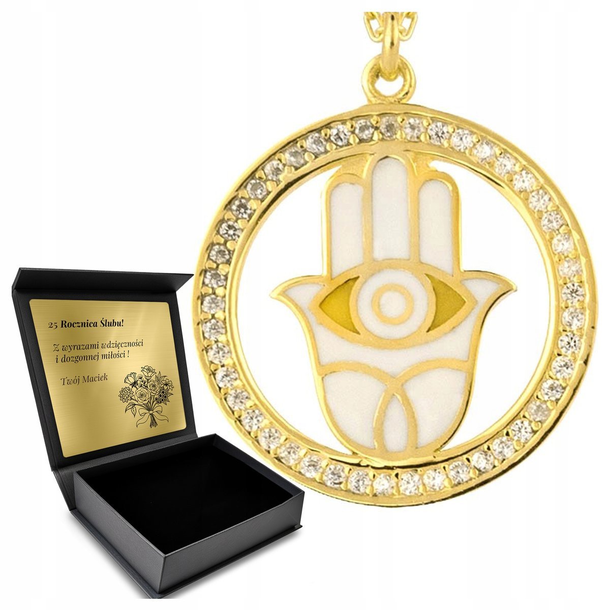 Łańcuszek Naszyjnik Srebrny Pozłacany Cyrkonie Oko Proroka Grawer