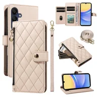 Portfele - Kompatybilny z Samsung Galaxy A15 5G / Galaxy A15 4G Etui-portfel z paskami, skórzany pokrowiec na telefon w romb Beżowy - miniaturka - grafika 1
