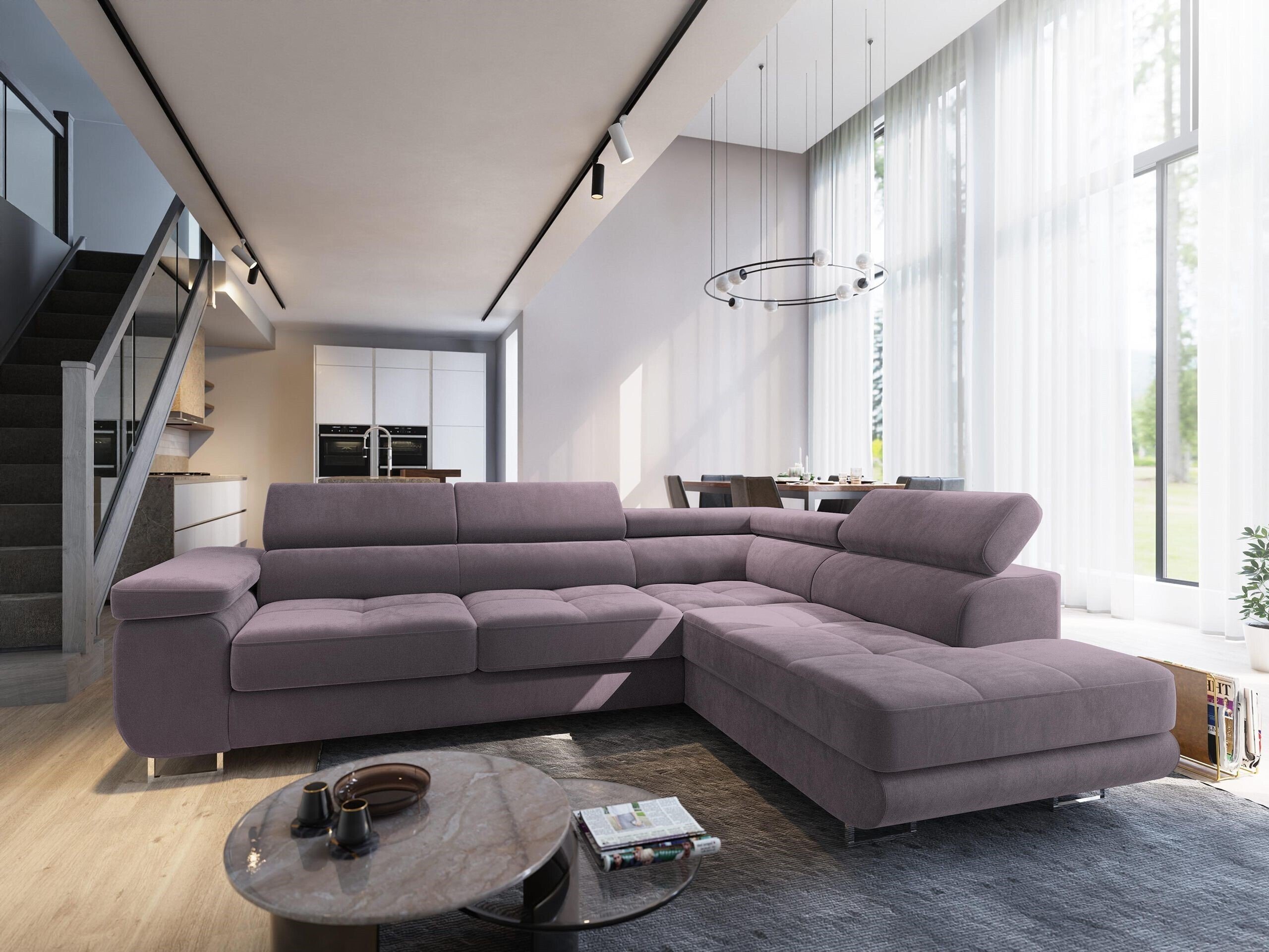 Masseno Narożnik SELVA R-S z funkcją spania i pojemnikiem na pościel Kształt L, Rozkładana sofa, Rogówka - Pudrowy róż, MONOLITH 62