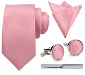 Krawaty i muchy męskie - Zestaw męski w pudełku - krawat + poszetka + spinki do mankietów + spinka do krawata JASNY RÓŻOWY - miniaturka - grafika 1