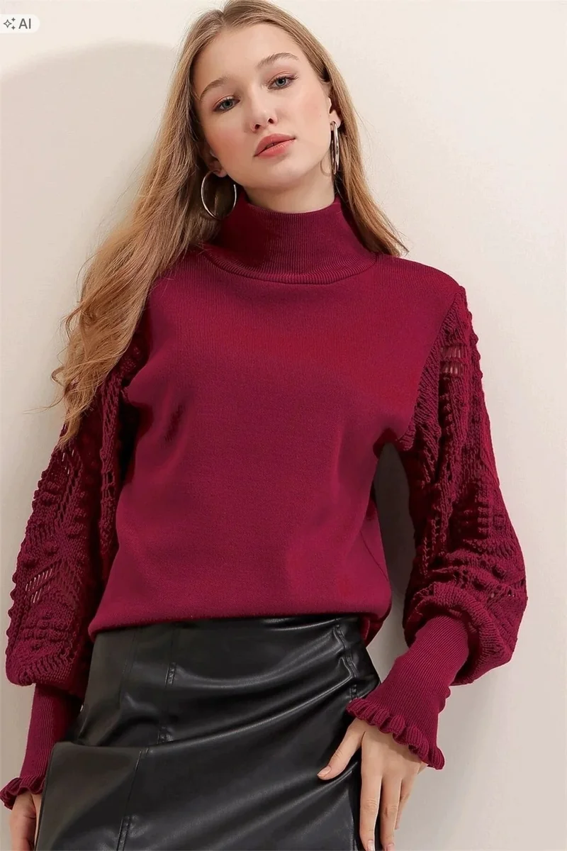 SWETER DAMSKI Z PÓŁGOLFEM AŻUROWE RĘKAWY VINTAGE XL 5IA