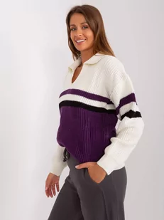 Sweter oversize ciemny fioletowy casual dekolt kołnierzyk w kształcie V rękaw długi - Swetry damskie - miniaturka - grafika 3