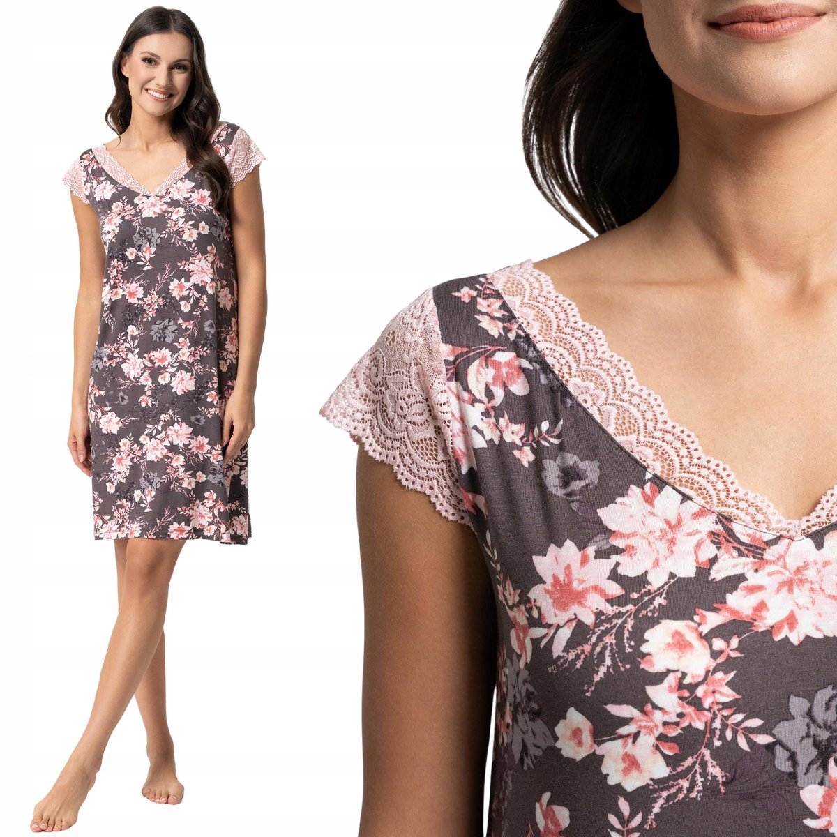WISKOZOWA DOPASOWANA KOSZULA NOCNA DAMSKA W KWIATY Z KORONKĄ MORAJ XXL PATT 1