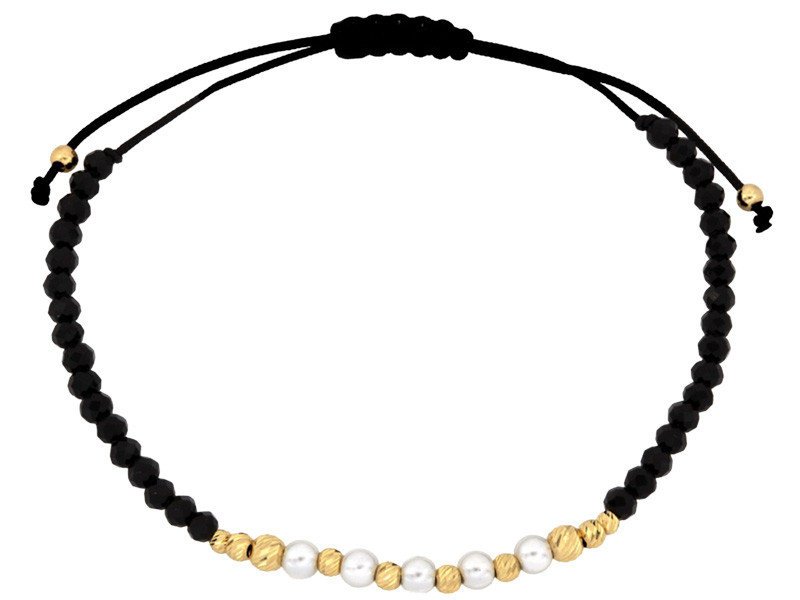 Złota bransoletka 585 na czarnym sznurku z białymi kuleczkami14kt