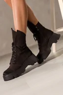 Botki damskie - Czekoladowe botki skórzane damskie workery na bieżnikowanej platformie geometrycznie wycięta cholewka sznurowane PRODUKT POLSKI Casu 023 - miniaturka - grafika 1