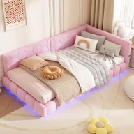 Sofy i kanapy - Łóżko tapicerowane Merax 90x200cm z oświetleniem LED i złączem USB, łóżko dzienne ze stelażem listwowym, sofa rozkładana z pluszu, funkcjonalne łóżko podwójne łóżko dziecięce, różowe - miniaturka - grafika 1