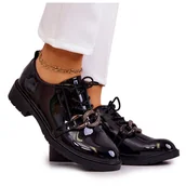 Półbuty damskie - S.Barski Lakierowane Półbuty Wiązane Z Ozdobą Czarne Larosa - miniaturka - grafika 1