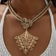 Naszyjniki - TEMU 1 szt. Naszyjnik z Złoconym Liściem i Kwiatem KC - Ręcznie Wiązany Sznurek, Botaniczny Europejski dla Kobiet, Idealny na Przyjęcia, Śluby, - miniaturka - grafika 1