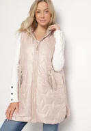 Kamizelki damskie - Beżowa Długa Kamizelka z Pikowaniem i Ozdobnymi Suwakami Desilla - miniaturka - grafika 1