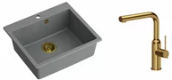 Zlewozmywaki z baterią - Quadron Zlewozmywak granitowy jednokomorowy 57*50*22 cm MORGAN 110 SILVER STONE ze złotym odpływem z baterią NATALIE Q LINE kolor złoty - miniaturka - grafika 1