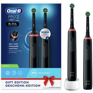 Braun Oral-B szczoteczka elektryczna PRO3 3900 BLACK Crossaction - zestaw dwóch szczoteczek Oral-b w kolorze czarnym  /OUTLET/  - uszkodzone/wgniecione opakowanie zewnętrzne (pudełko) - AGD OUTLET - miniaturka - grafika 1