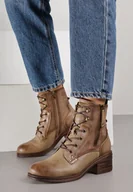 Botki damskie - Ciemnobeżowe Botki Trzewiki na Klockowym Obcasie Zdobione Suwakiem Salittea - miniaturka - grafika 1