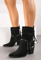 Botki damskie - Czarne Botki na Stożkowym Obcasie w Stylu Kowbojek z Frędzlami i Cyrkoniami Leriane - miniaturka - grafika 1