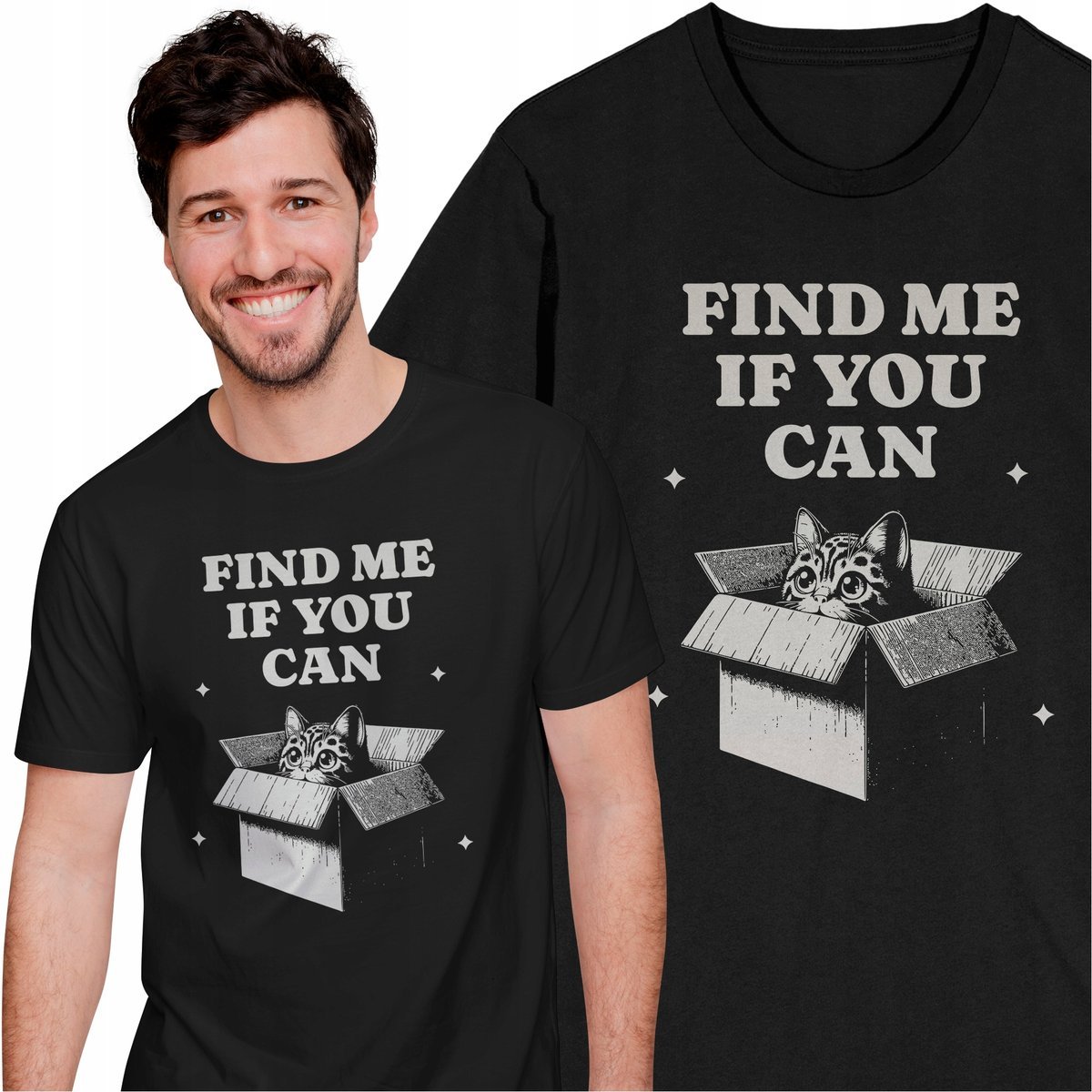 Koszulka Męska z Nadrukiem z Kotem Kotkiem Kot w Kartonie Zwierzęta