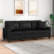 Sofy i kanapy - vidaXL 3-osobowa sofa z poduszkami, czarna, 180 cm, sztuczna skóra - miniaturka - grafika 1