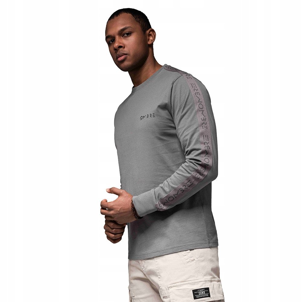 Męski bawełniany longsleeve U-neck z lampasami szary OM-LSCL-0127 V5 r. XL