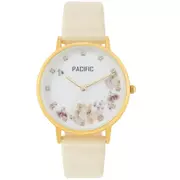 Zegarki damskie - Złoty damski zegarek z kwiatami i kryształkami na pasku PACIFIC X6182-09 - miniaturka - grafika 1