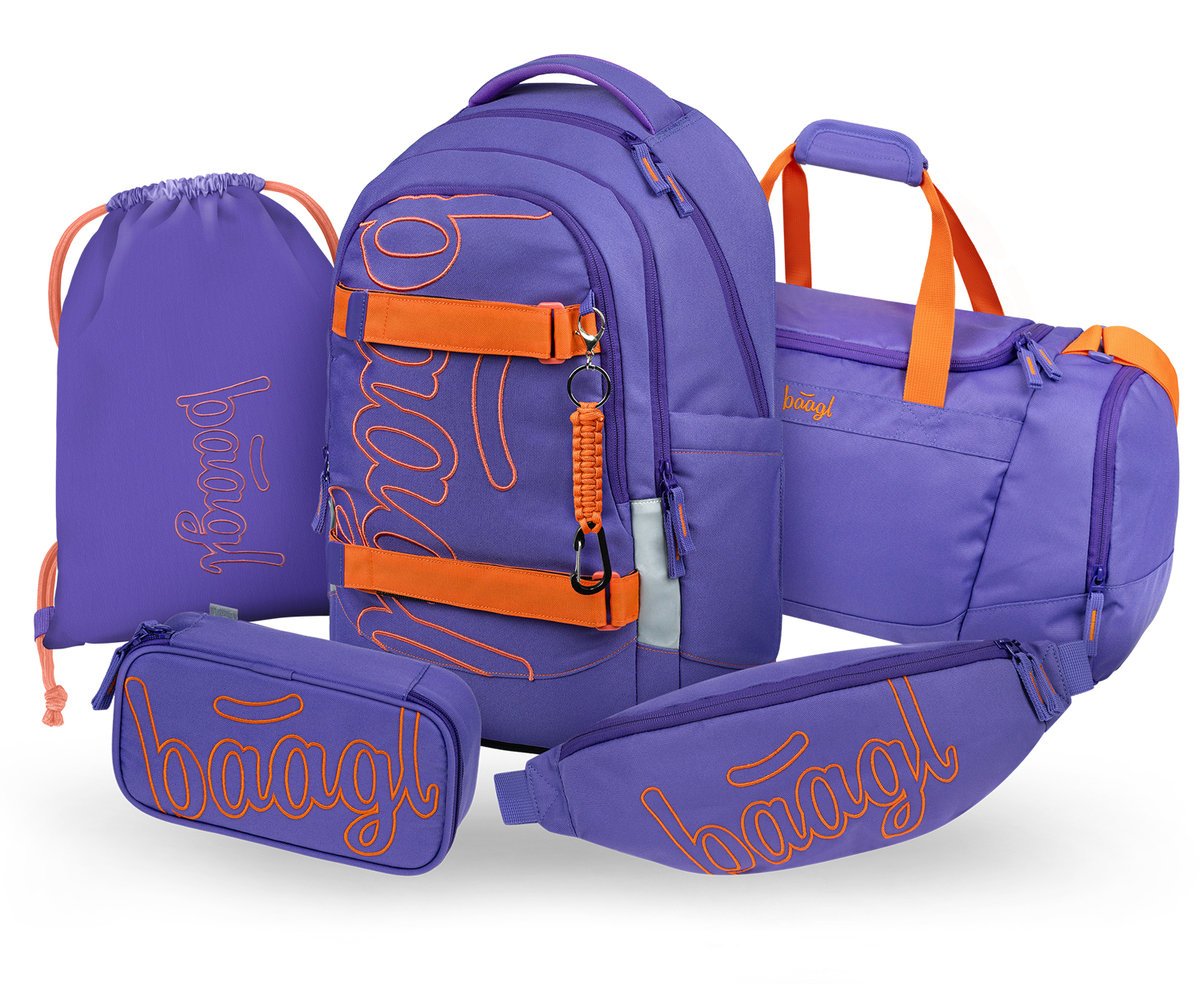 BAAGL Zestaw Szkolny 5w1 Plecak Ergonomiczny Skate Max Orange Fioletowy 31L + Piórnik + Worek + Torba + Nerka
