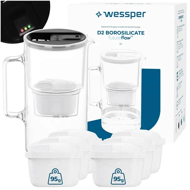 Szklany dzbanek filtrujący Wessper D2 BOROSILICATE 3l futureflow + 7x filtr