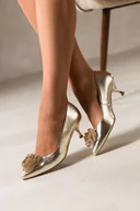 Czółenka - Złote czółenka skórzane damskie kwiat z cyrkoniami niski obcas kieliszek PRODUKT POLSKI Casu 6926-296 - miniaturka - grafika 1