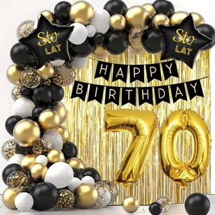 ZESTAW BALONY 70 URODZINY ZŁOTE CZARNE BIAŁE BANER ŚCIANKA SIEDEMDZIESIĄTKA - Balony i akcesoria - miniaturka - grafika 1