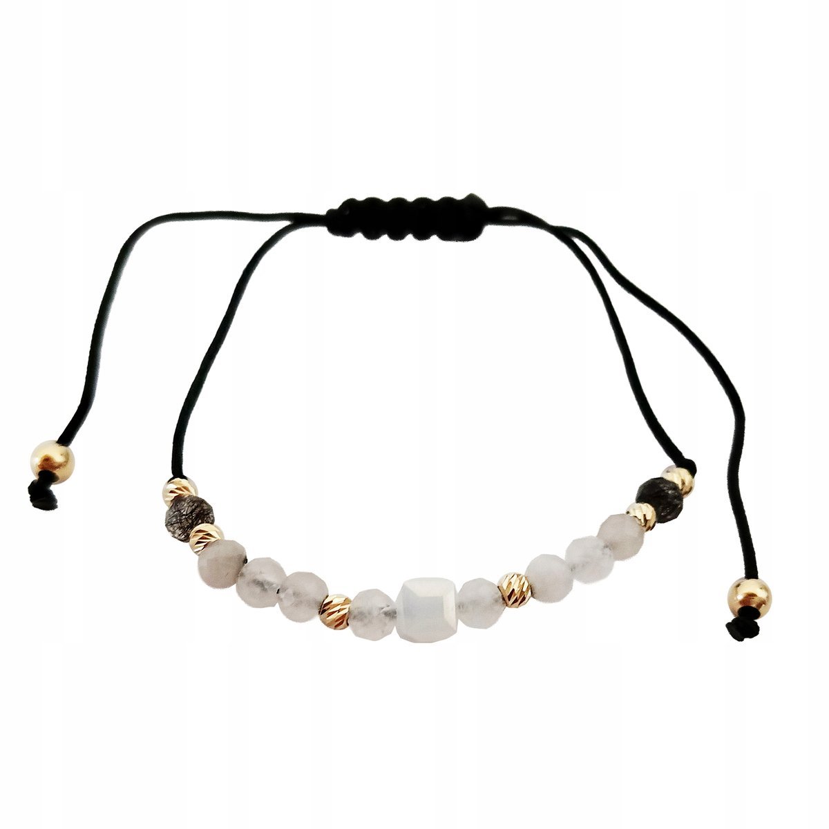 Złota bransoletka 585 na czarnym sznurku z białymi koralikami 14kt