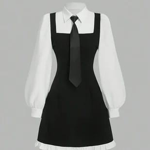 TEMU Damska Elegancka Sukienka z Długim Rękawem w Kształcie Litery A z Kontrastowym Wykończeniem i Wiązaniem w Talii - Czarno-Biała Dwukolorowa, - Sukienki - miniaturka - grafika 1