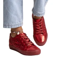 Trampki damskie - Bez marki Czerwone ażurowe trampki Safune - bez marki - miniaturka - grafika 1