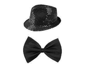 Zestaw Disco Czarny Cekinowy Kapelusz Mucha 2el MK558 - Dodatki do strojów karnawałowych - miniaturka - grafika 1