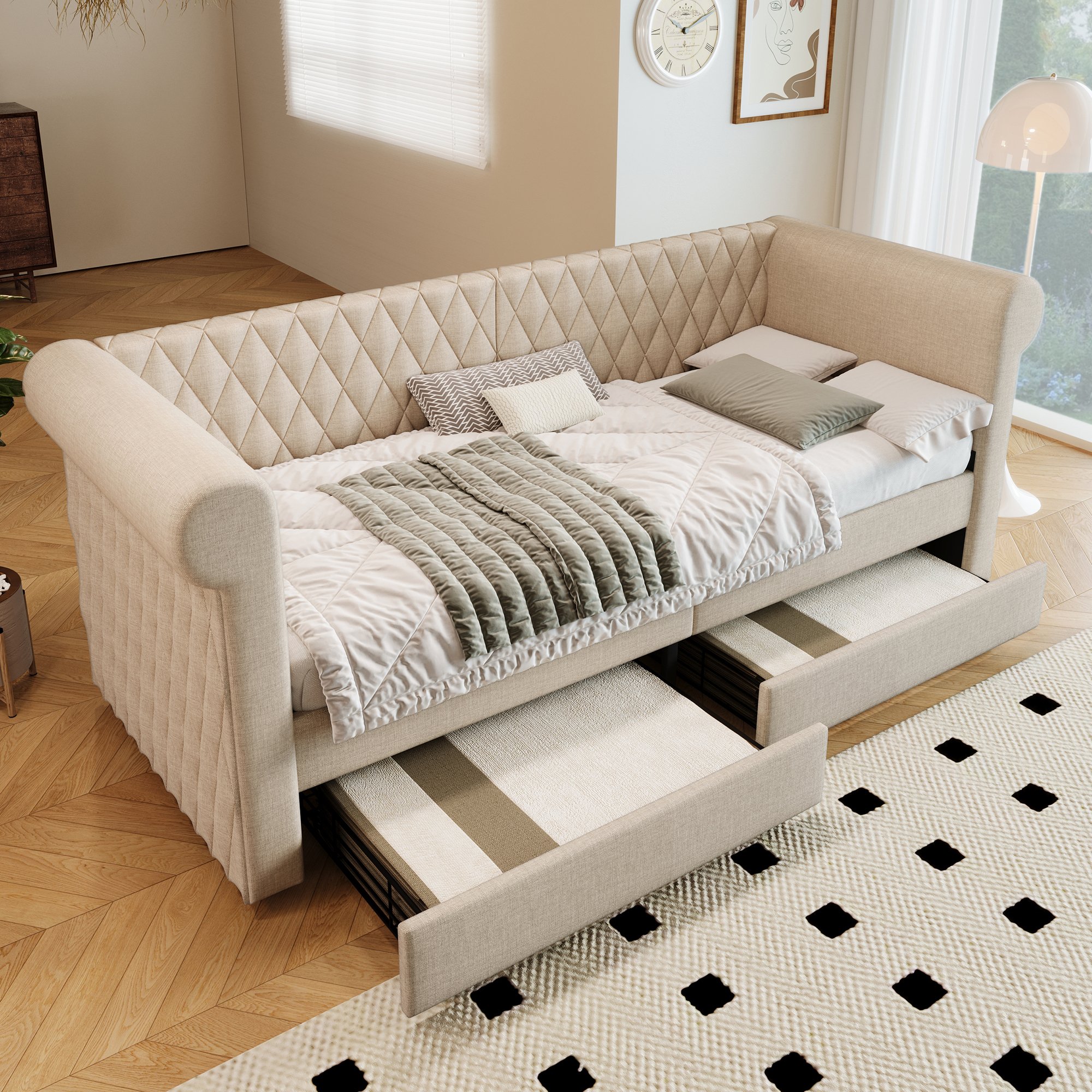 Flieks rozkładana sofa łóżko tapicerowane 90x200cm z 2 szufladami, łóżko młodzieżowe łóżko pojedyncze łóżko do przechowywania z ramą z listew, funkcjonalne łóżko dzienne, pościel, beżowy