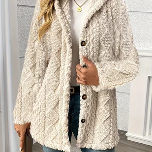 TEMU Elegancki Płaszcz Teddy Bear z Kapturem dla Pań - Zimowa Ciepła Kurtka Pewna Długości, Beż/Biały//Czarnobrązowy / Czarne Wnętrze do Prania w - Kurtki damskie - miniaturka - grafika 1
